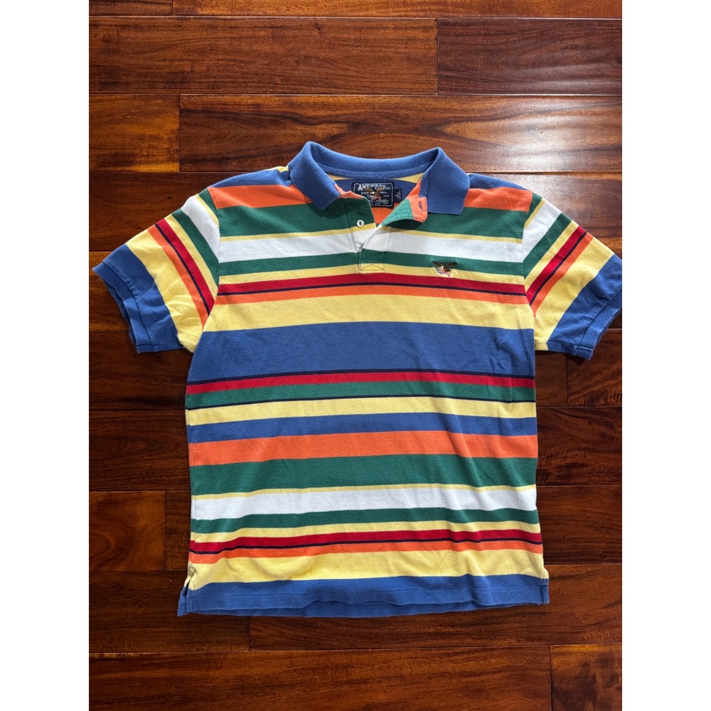 American Living Polo Shirt Mens Large Multi Color Excellent Striped Eagle Logo